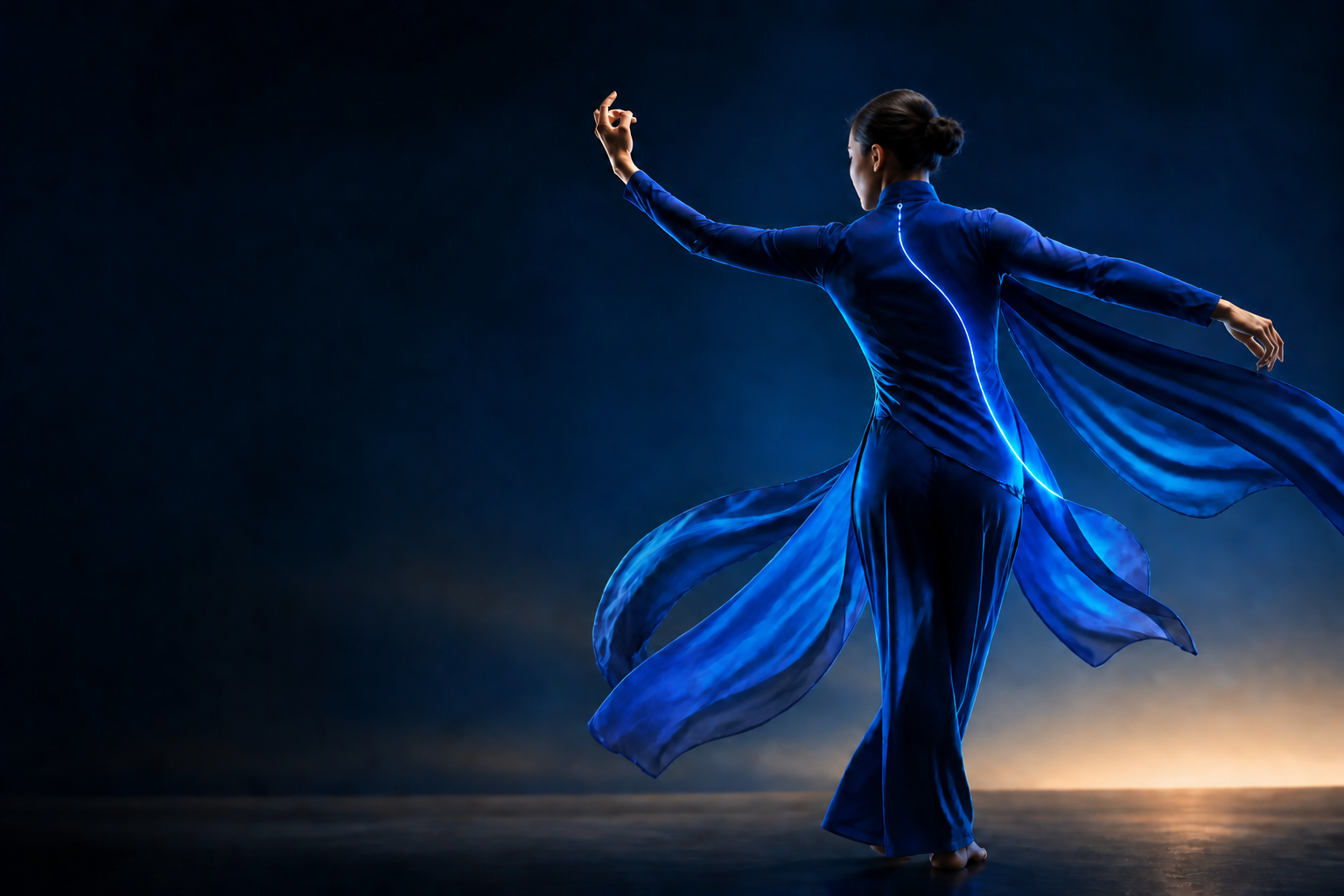 Pessoa em movimento vestida de azul, com um traço de luz acompanhando a coluna